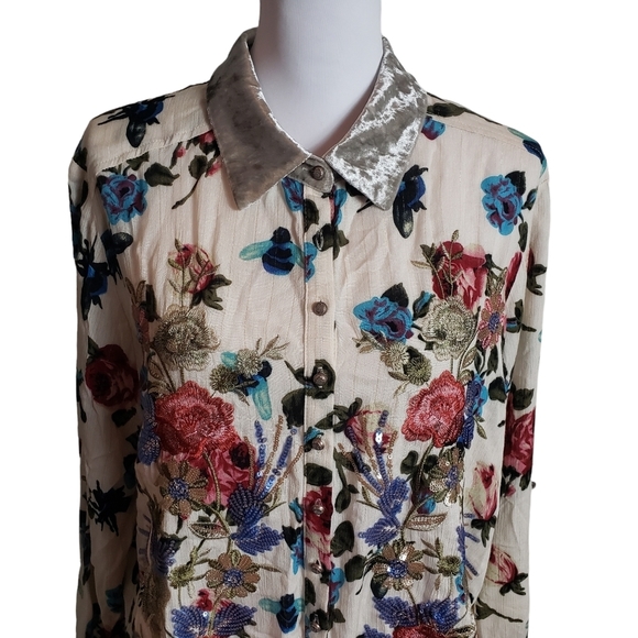 Aratta Silent Journey Floral Print Shirt Sz L Velvet Collar Boho Whimsy Fairy - Picture 7 of 16